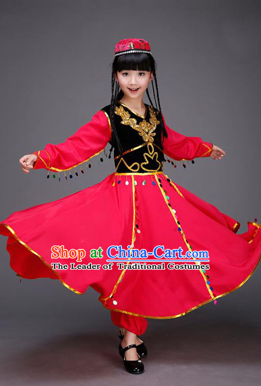 Traditional Chinese Uyghur Nationality Dancing Costume, Children Folk Dance Ethnic Costume, Chinese Minority Nationality Uigurian Dance Costume for Kids