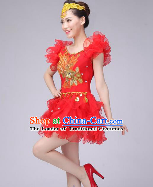 Traditional Chinese Modern Dance Costume, Women Opening Dance Chorus Group Uniforms Short Red Bubble Dress for Women