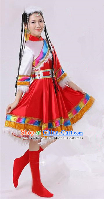 Traditional Chinese Zang Nationality Dancing Costume, Tibetan Female Folk Dance Ethnic Pleated Skirt, Chinese Tibetan Minority Red Dress for Women