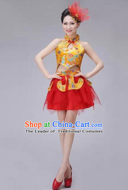 Traditional Chinese Modern Dance Costume, China Style Women Opening Dance Chorus Group Uniforms Short Golden Bubble Dress for Women