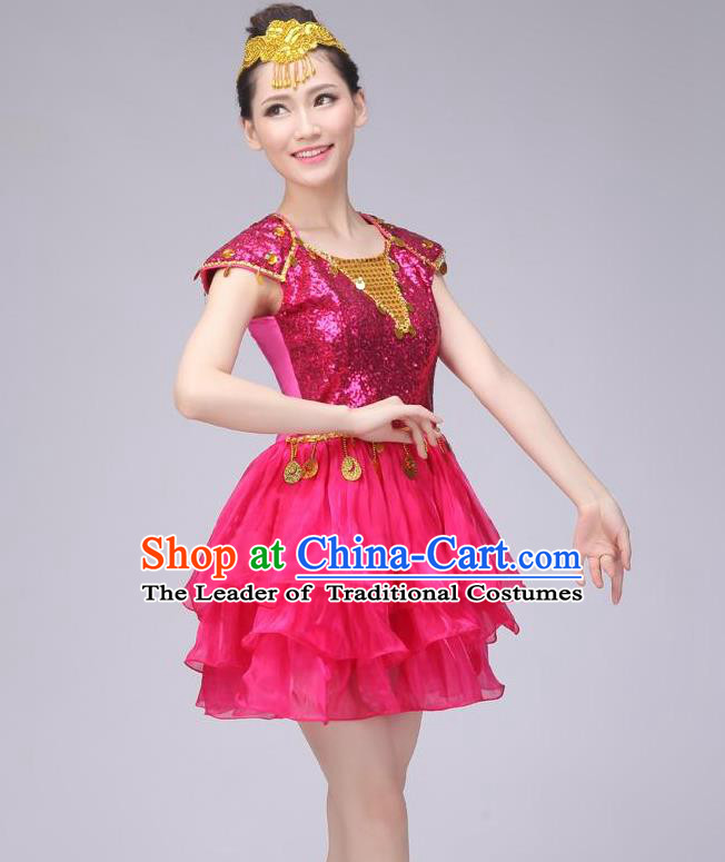 Traditional Chinese Modern Dance Costume, China Style Women Opening Dance Chorus Group Uniforms Rose Paillette Short Bubble Dress for Women