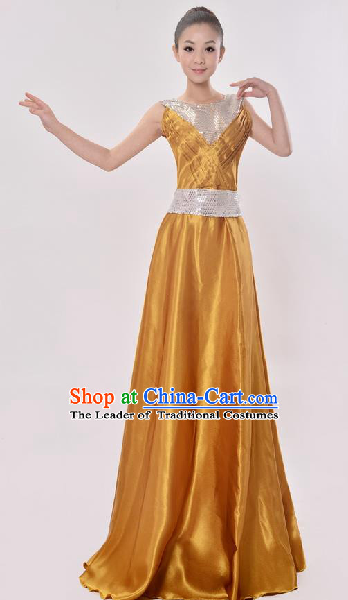 Top Grade Professional Compere Modern Dance Costume, Women Opening Dance Chorus Singing Group Uniforms Golden Paillette Long Dress for Women