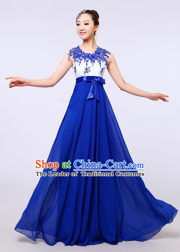 Top Grade Professional Compere Modern Dance Costume, Women Opening Dance Chorus Singing Group Uniforms Blue Lace Long Dress for Women