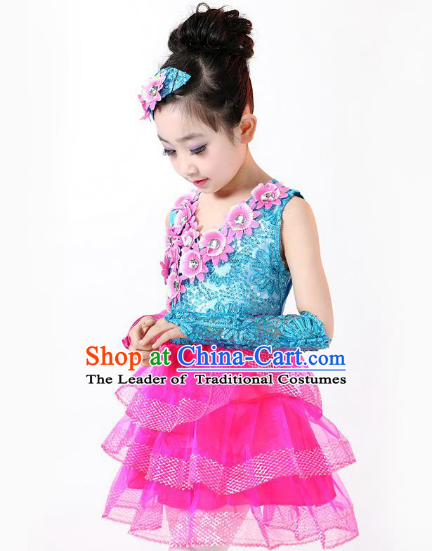 Top Grade Professional Performance Catwalks Costume, Children Chorus Full Dress Modern Dance Little Princess Paillette Pink Bubble Dress for Girls Kids