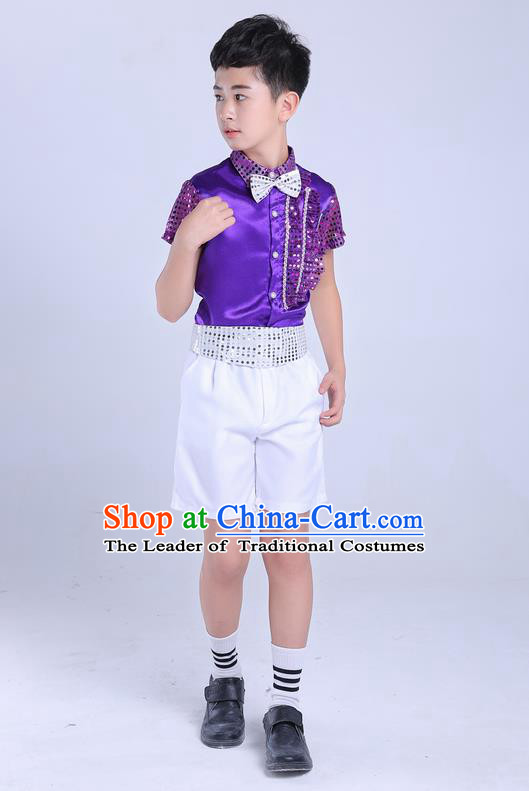 Top Grade Professional Performance Catwalks Costume, Children Chorus Modern Dance Purple Paillette Clothing for Boys Kids