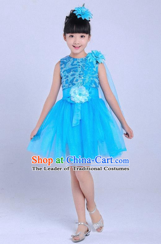 Top Grade Professional Performance Catwalks Costume, Children Chorus Modern Dance Blue Paillette Bubble Dress for Girls Kids