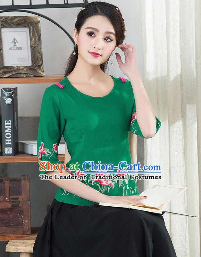 Traditional Chinese National Costume, Elegant Hanfu Embroidery Flowers Round Collar Green T-Shirt, China Tang Suit Republic of China Plated Buttons Chirpaur Blouse Cheong-sam Upper Outer Garment Qipao Shirts Clothing for Women