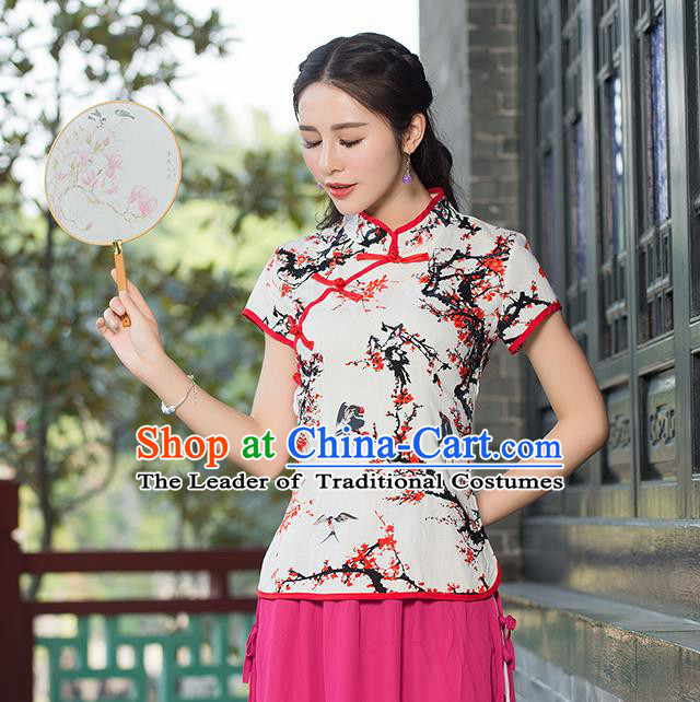 Traditional Chinese National Costume, Elegant Hanfu Ink Painting Slant Opening T-Shirt, China Tang Suit Republic of China Plated Buttons Chirpaur Stand Collar Blouse Cheong-sam Upper Outer Garment Qipao Shirts Clothing for Women
