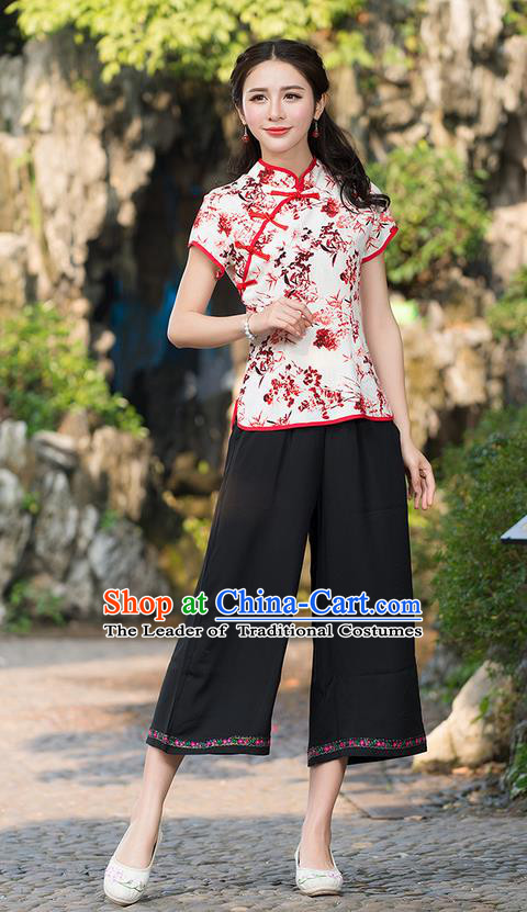 Traditional Chinese National Costume, Elegant Hanfu Ink Painting Slant Opening Red T-Shirt, China Tang Suit Republic of China Plated Buttons Chirpaur Stand Collar Blouse Cheong-sam Upper Outer Garment Qipao Shirts Clothing for Women