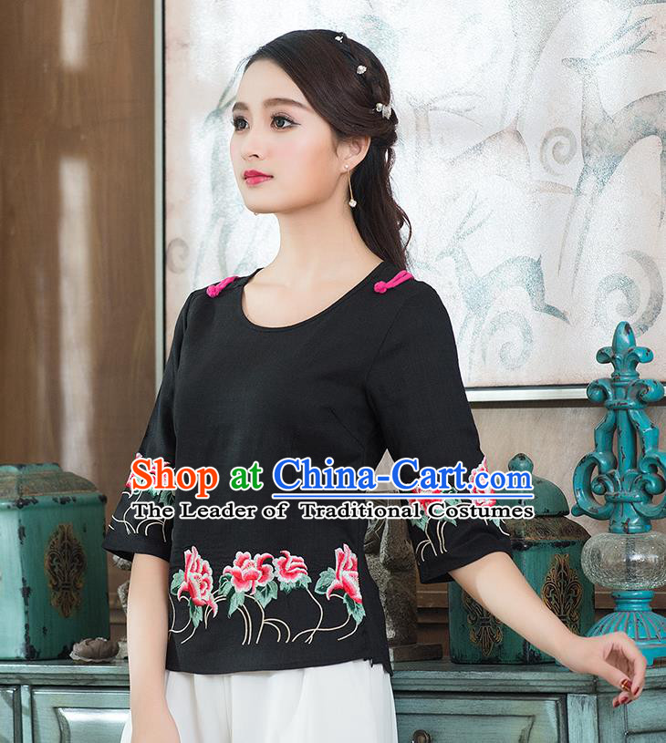 Traditional Chinese National Costume, Elegant Hanfu Embroidery Flowers Round Collar Black T-Shirt, China Tang Suit Republic of China Plated Buttons Chirpaur Blouse Cheong-sam Upper Outer Garment Qipao Shirts Clothing for Women