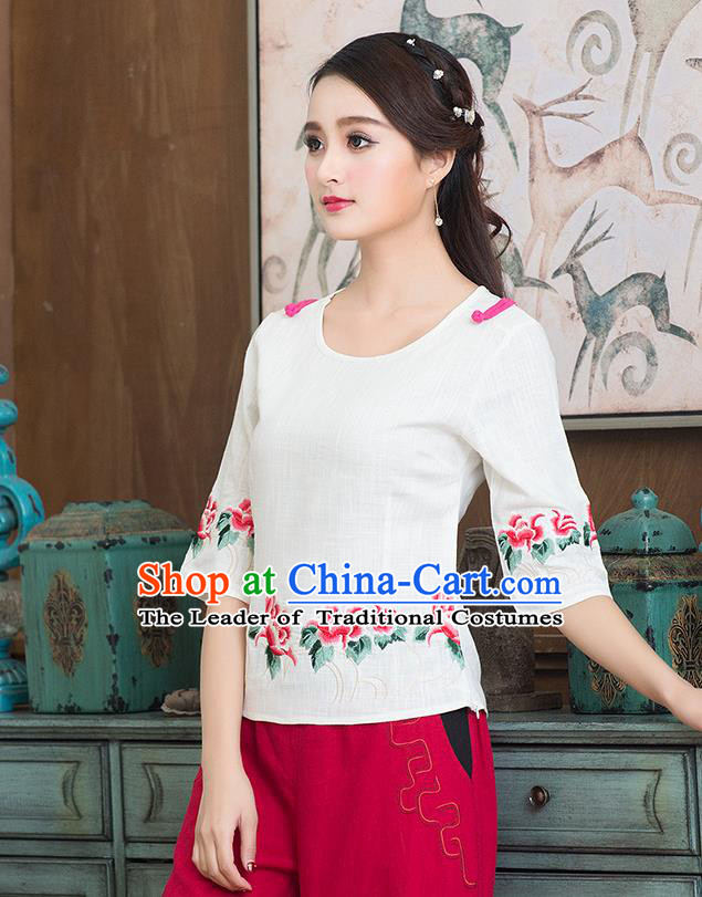 Traditional Chinese National Costume, Elegant Hanfu Embroidery Flowers Round Collar White T-Shirt, China Tang Suit Republic of China Plated Buttons Chirpaur Blouse Cheong-sam Upper Outer Garment Qipao Shirts Clothing for Women
