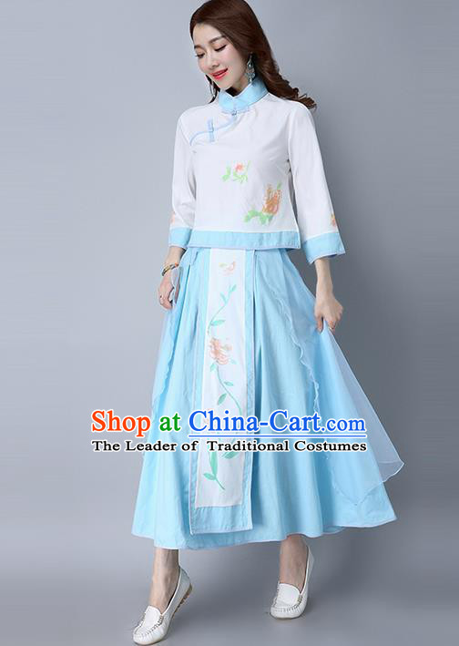 Traditional Chinese National Costume, Elegant Hanfu Printing Flowers Slant Opening Shirt and Skirt Complete Set, China Tang Suit Republic of China Plated Buttons Chirpaur Blouse Cheong-sam Upper Outer Garment Qipao Shirts and Dress for Women