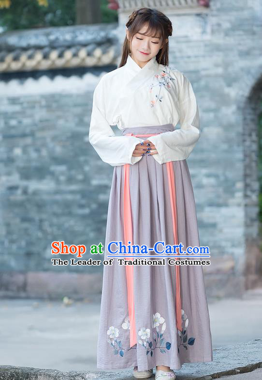 Traditional Ancient Chinese Costume, Elegant Hanfu Clothing Embroidered Slant Opening Blouse and Dress, China Ming Dynasty Princess Elegant Blouse and Ru Skirt Complete Set for Women