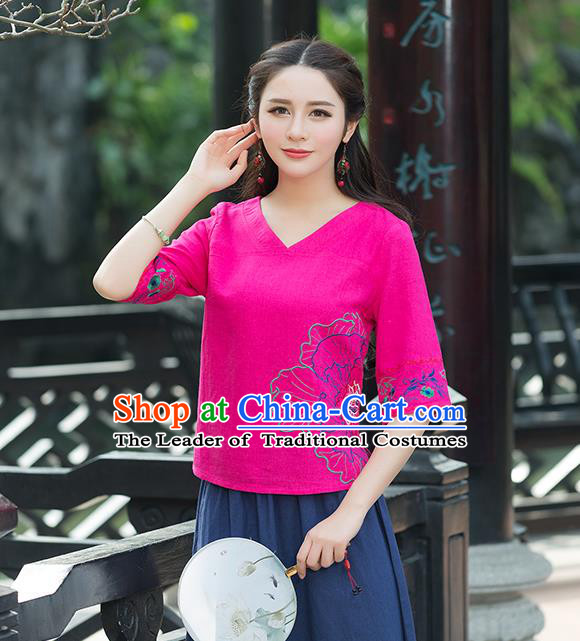 Traditional Chinese National Costume, Elegant Hanfu Embroidery Flowers Rose T-Shirt, China Tang Suit Republic of China Chirpaur Blouse Cheong-sam Upper Outer Garment Qipao Shirts Clothing for Women