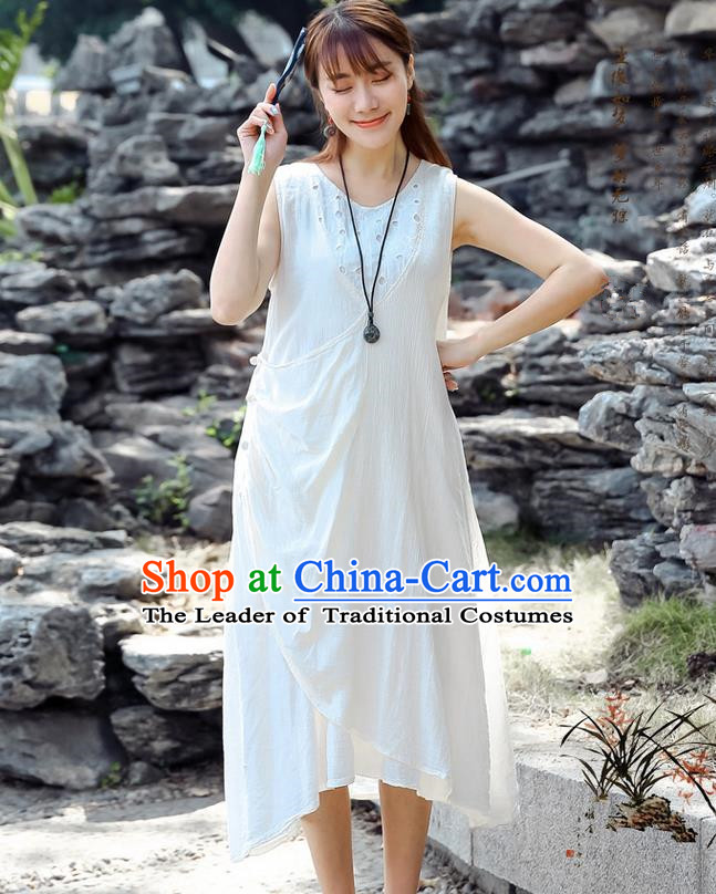 Traditional Ancient Chinese National Costume, Elegant Hanfu Qipao Linen White Dress, China Tang Suit Cheongsam Upper Outer Garment Elegant Dress Clothing for Women