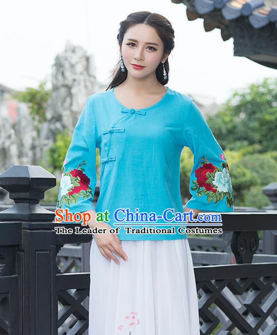 Traditional Chinese National Costume, Elegant Hanfu Embroidery Flowers Slant Opening Mandarin Sleeve Blue T-Shirt, China Tang Suit Republic of China Plated Buttons Chirpaur Blouse Cheong-sam Upper Outer Garment Qipao Shirts Clothing for Women