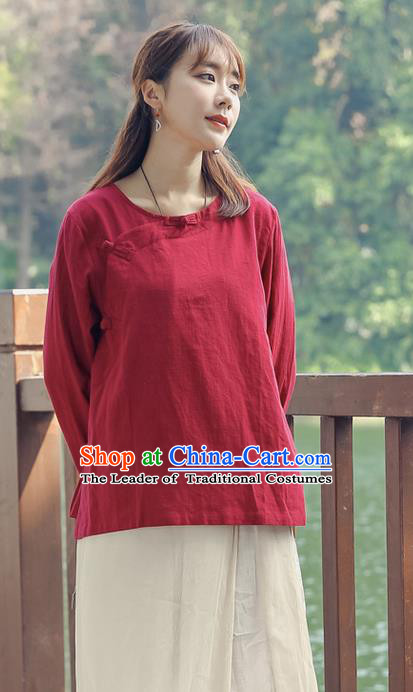 Traditional Chinese National Costume, Elegant Hanfu Linen Slant Opening Red Shirt, China Tang Suit Republic of China Plated Buttons Chirpaur Blouse Cheong-sam Upper Outer Garment Qipao Shirts Clothing for Women