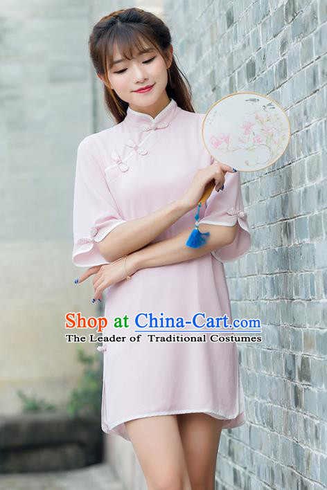 Traditional Ancient Chinese National Costume, Elegant Hanfu Mandarin Qipao Pink Dress, China Tang Suit Short Chirpaur Republic of China Cheongsam Upper Outer Garment Elegant Dress Clothing for Women