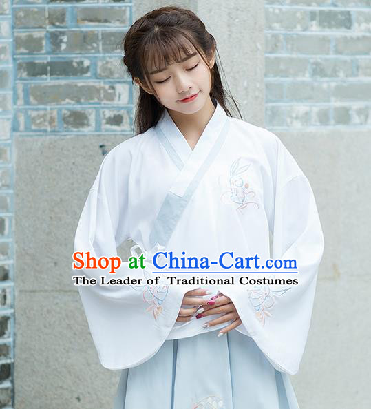 Traditional Ancient Chinese Costume, Elegant Hanfu Clothing Embroidered Slant Opening White Blouse, China Ming Dynasty Princess Elegant Blouse Shirts for Women