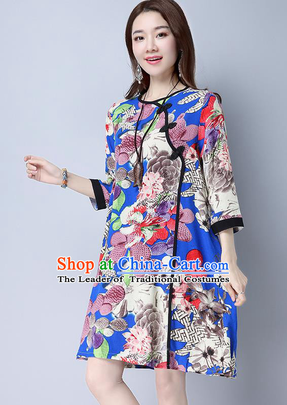 Traditional Ancient Chinese National Costume, Elegant Hanfu Linen Slant Opening Plated Buttons Blue Dress, China Tang Suit Chirpaur Republic of China Cheongsam Upper Outer Garment Elegant Dress Clothing for Women