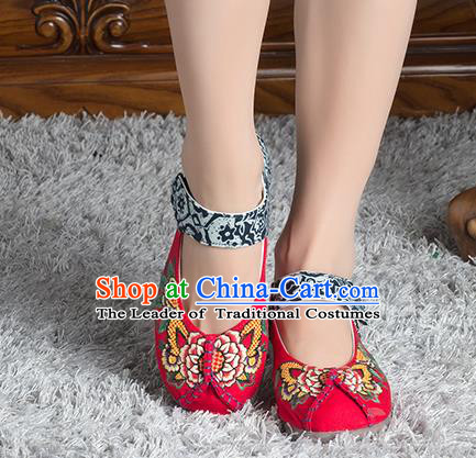 Traditional Chinese Shoes, China Handmade Linen Embroidered Flowers Red Shoes, China Ancient Cloth Shoes for Women