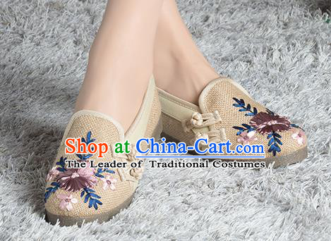 Traditional Chinese Shoes, China Handmade Linen Embroidered Plated Button Brown Shoes, China Ancient Cloth Shoes for Women
