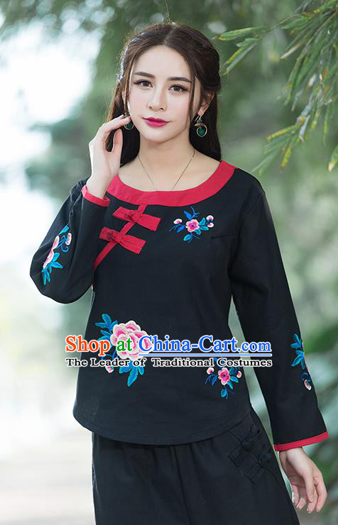 Traditional Chinese National Costume, Elegant Hanfu Linen Embroidery Flowers Round Collar Black T-Shirt, China Tang Suit Republic of China Plated Buttons Chirpaur Blouse Cheong-sam Upper Outer Garment Qipao Shirts Clothing for Women