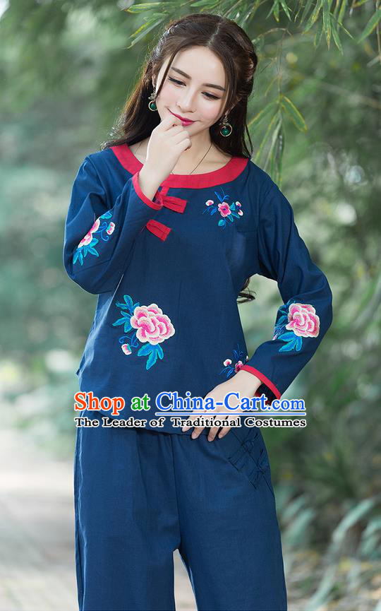Traditional Chinese National Costume, Elegant Hanfu Linen Embroidery Flowers Round Collar Navy T-Shirt, China Tang Suit Republic of China Plated Buttons Chirpaur Blouse Cheong-sam Upper Outer Garment Qipao Shirts Clothing for Women