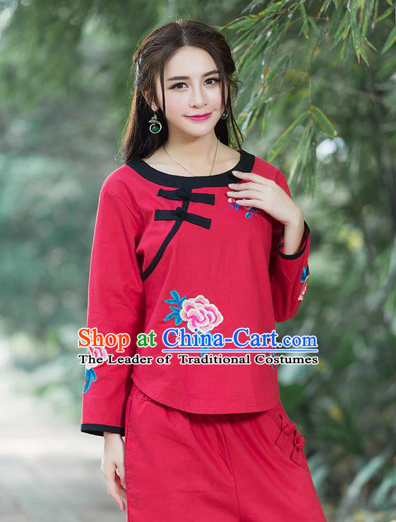 Traditional Chinese National Costume, Elegant Hanfu Linen Embroidery Flowers Round Collar Red T-Shirt, China Tang Suit Republic of China Plated Buttons Chirpaur Blouse Cheong-sam Upper Outer Garment Qipao Shirts Clothing for Women