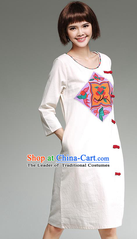 Traditional Ancient Chinese National Costume, Elegant Hanfu Qipao Linen Patch Embroidery White Dress, China Tang Suit Cheongsam Upper Outer Garment Elegant Dress Clothing for Women