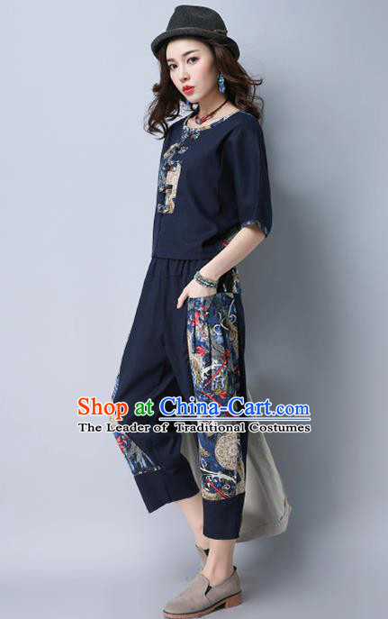 Traditional Chinese National Costume, Elegant Hanfu Embroidery Navy T-Shirt and Loose Pants Complete Set, China Tang Suit Plated Buttons Blouse and Dockers for Women