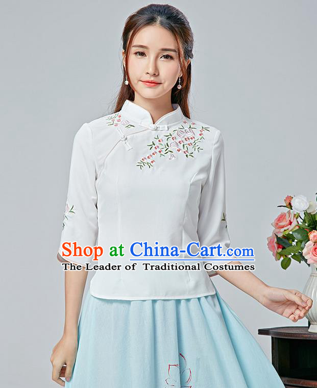 Traditional Chinese National Costume, Elegant Hanfu Embroidery Flowers Slant Opening White Blouses, China Tang Suit Republic of China Plated Buttons Chirpaur Blouse Cheong-sam Upper Outer Garment Qipao Shirts Clothing for Women