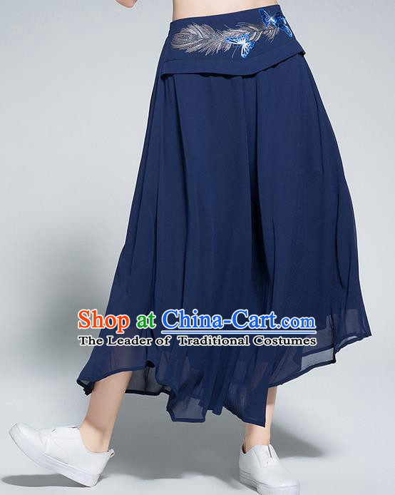 Traditional Chinese National Costume Loose Pants, Elegant Hanfu Embroidered Belt Chiffon Navy Wide leg Pants, China Ethnic Minorities Tang Suit Ultra-wide-leg Trousers for Women