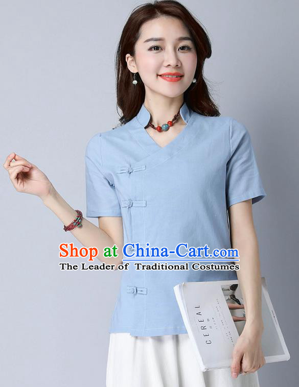 Traditional Chinese National Costume, Elegant Hanfu Stand Collar Slant Opening Blue T-Shirt, China Tang Suit Republic of China Plated Buttons Chirpaur Blouse Cheong-sam Upper Outer Garment Qipao Shirts Clothing for Women