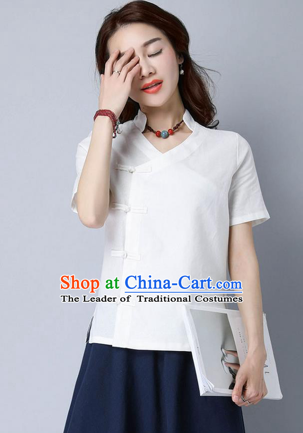 Traditional Chinese National Costume, Elegant Hanfu Stand Collar Slant Opening White T-Shirt, China Tang Suit Republic of China Plated Buttons Chirpaur Blouse Cheong-sam Upper Outer Garment Qipao Shirts Clothing for Women