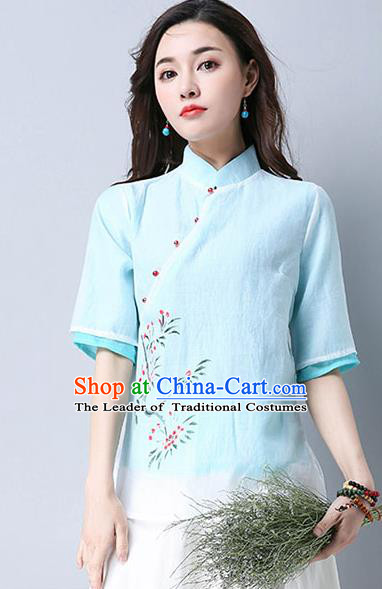 Traditional Chinese National Costume, Elegant Hanfu Hand Painting Flowers Slant Opening Blue Blouse, China Tang Suit Republic of China Plated Buttons Chirpaur Blouse Cheong-sam Upper Outer Garment Qipao Shirts Clothing for Women