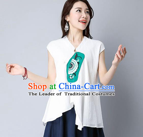 Traditional Chinese National Costume, Elegant Hanfu Patch Embroidery White T-Shirt, China Tang Suit Republic of China Plated Buttons Chirpaur Blouse Cheong-sam Upper Outer Garment Qipao Shirts Clothing for Women