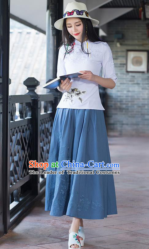 Traditional Ancient Chinese National Pleated Skirt Costume, Elegant Hanfu Embroidery Long Navy Dress, China Tang Suit Linen Bust Skirt for Women