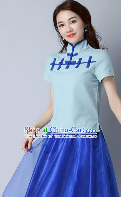 Traditional Chinese National Costume, Elegant Hanfu Stand Collar Blue T-Shirt, China Tang Suit Republic of China Plated Buttons Chirpaur Blouse Cheong-sam Upper Outer Garment Qipao Shirts Clothing for Women