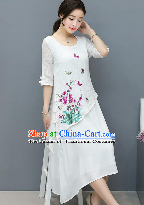 Traditional Ancient Chinese National Costume, Elegant Hanfu Mandarin Qipao Heavy Embroidery Flowers Linen White Dress, China Tang Suit Chirpaur Republic of China Cheongsam Upper Outer Garment Elegant Dress Clothing for Women