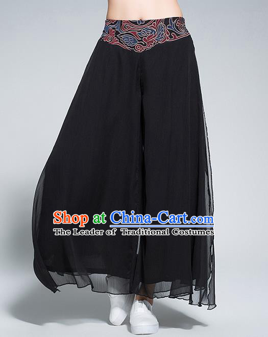 Traditional Chinese National Costume Loose Pants, Elegant Hanfu Embroidered Waistband Chiffon Black Wide leg Pants, China Ethnic Minorities Tang Suit Folk Dance Ultra-wide-leg Trousers for Women