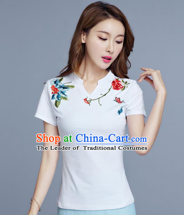 Traditional Chinese National Costume, Elegant Hanfu Embroidery Flowers White Base T-Shirt, China Tang Suit Republic of China Chirpaur Blouse Cheong-sam Upper Outer Garment Qipao Shirts Clothing for Women