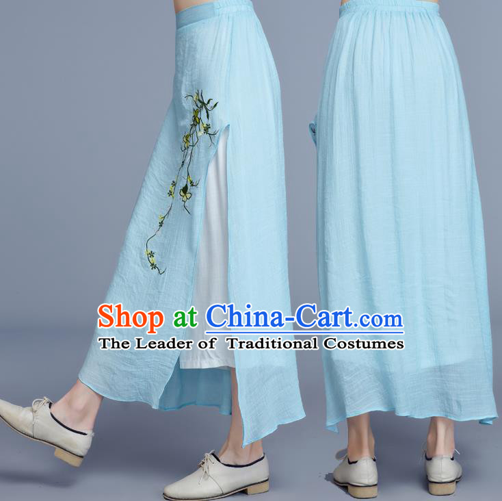 Traditional Chinese National Costume Loose Pants, Elegant Hanfu Embroidered Chiffon Blue Wide leg Pants, China Ethnic Minorities Tang Suit Ultra-wide-leg Trousers for Women