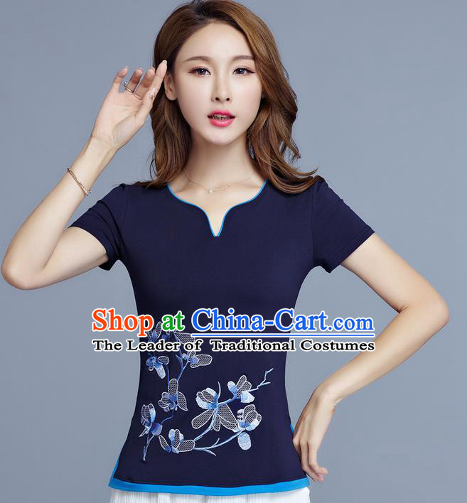Traditional Chinese National Costume, Elegant Hanfu Embroidery Flowers Navy T-Shirt, China Tang Suit Cheong-sam Upper Outer Garment Qipao Shirts Clothing for Women