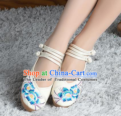 Traditional Chinese Shoes, China Handmade Embroidered White Height Increasing Shoes, Ancient Princess Shoes for Women