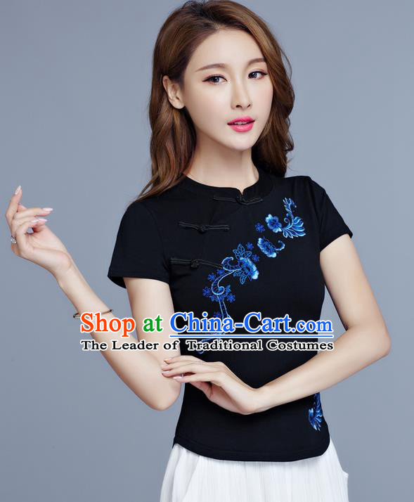 Traditional Chinese National Costume, Elegant Hanfu Embroidery Flowers Slant Opening Black T-Shirt, China Tang Suit Stand Collar Plated Buttons Chirpaur Blouse Cheong-sam Upper Outer Garment Qipao Shirts Clothing for Women
