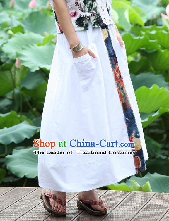 Traditional Ancient Chinese National Pleated Skirt Costume, Elegant Hanfu Embroidery Long White Dress, China Tang Dynasty Bust Skirt for Women