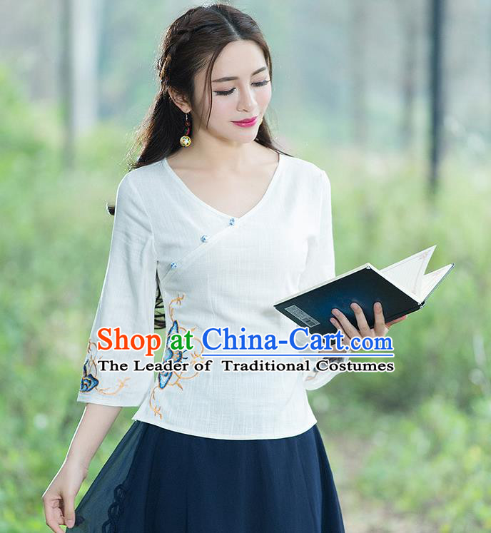 Traditional Chinese National Costume, Elegant Hanfu Embroidery Flowers Slant Opening White T-Shirt, China Tang Suit Republic of China Chirpaur Blouse Cheong-sam Upper Outer Garment Qipao Shirts Clothing for Women