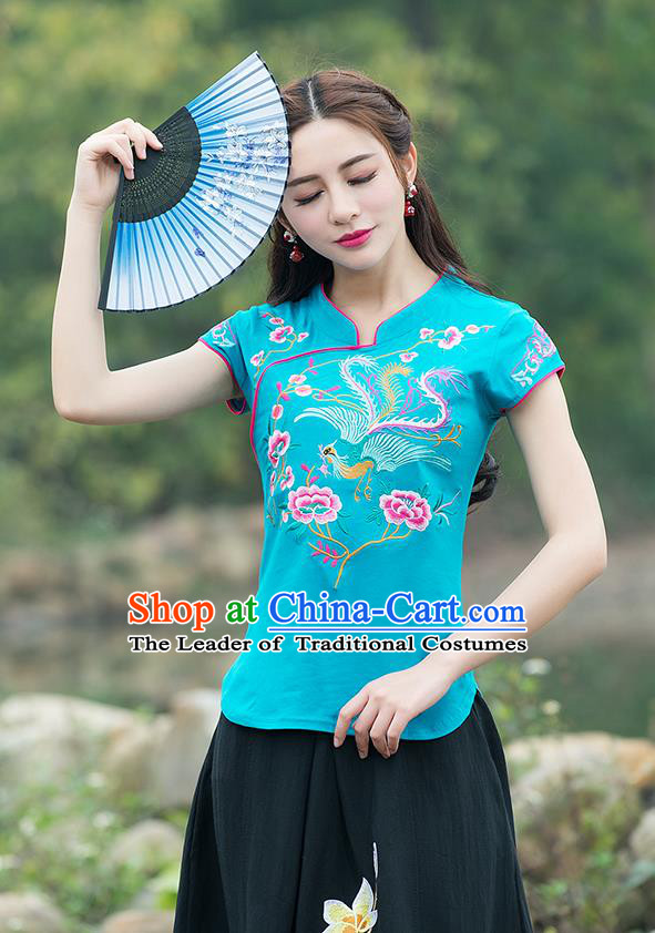 Traditional Chinese National Costume, Elegant Hanfu Embroidery Flowers Stand Collar Blue T-Shirt, China Tang Suit Chirpaur Blouse Cheong-sam Upper Outer Garment Qipao Shirts Clothing for Women