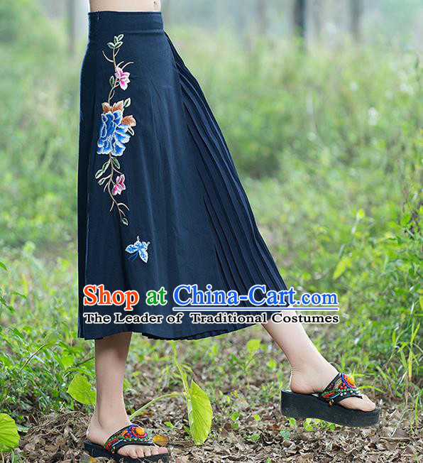 Traditional Ancient Chinese National Pleated Skirt Costume, Elegant Hanfu Embroidery Long Navy Dress, China Tang Suit Bust Skirt for Women